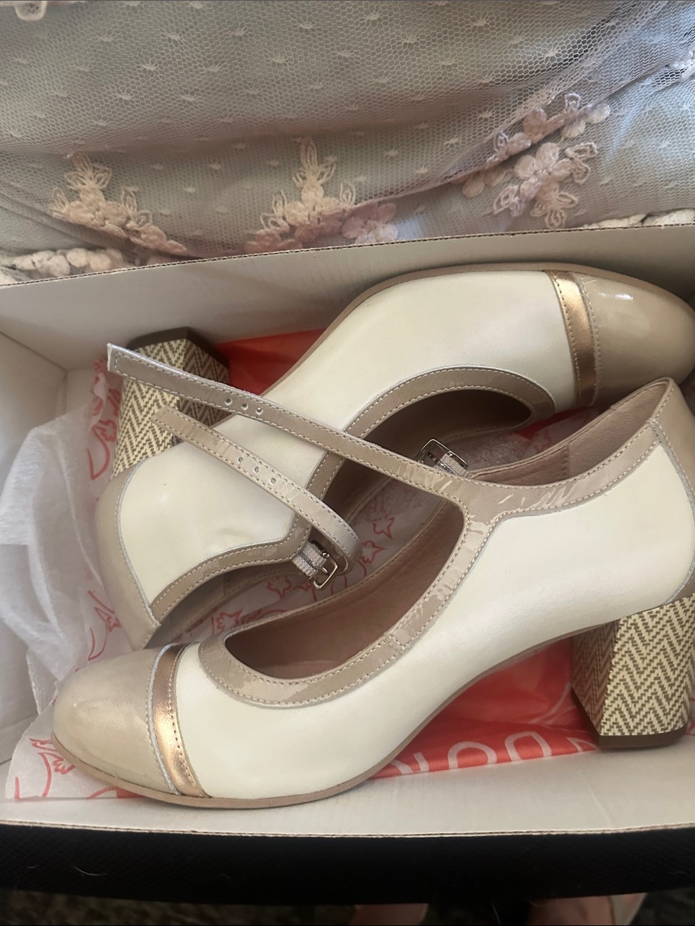 Women's Ivory and Champagne Mary Jane Block Heels with Metallic Trim